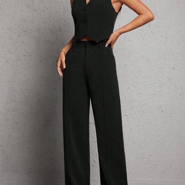 Button Front Vest Blazer & Wide Leg Pants