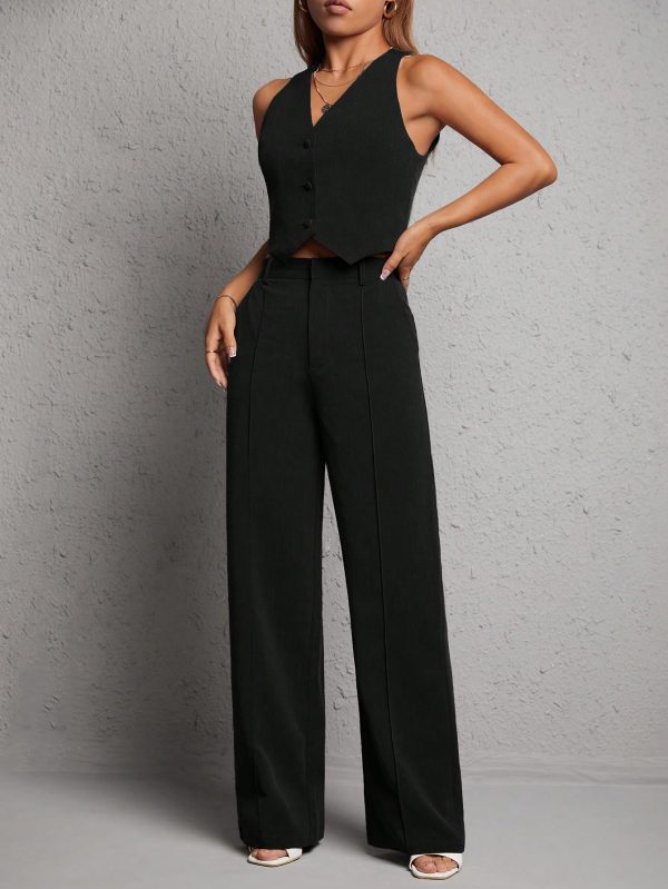 Button Front Vest Blazer & Wide Leg Pants