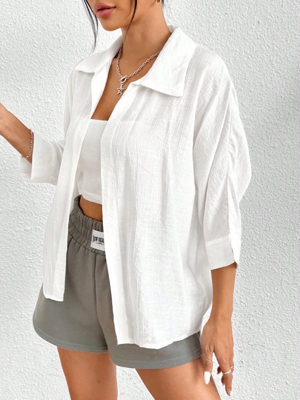 Spring White Solid Batwing Sleeve White Shirt