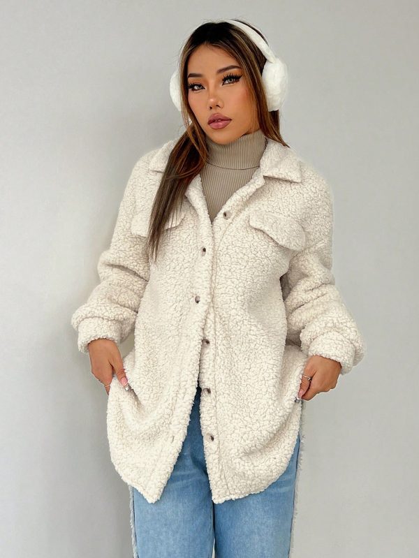 Dropped Shoulder Flap Detail Teddy Fur Coat