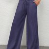 Women Plain Color Front Tie Pocket Design Wide Leg Pants, Casual Daily Wear
