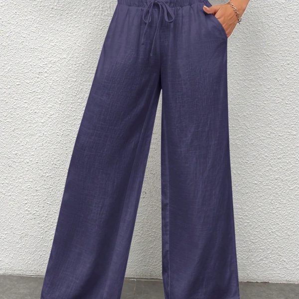 Women Plain Color Front Tie Pocket Design Wide Leg Pants, Casual Daily Wear