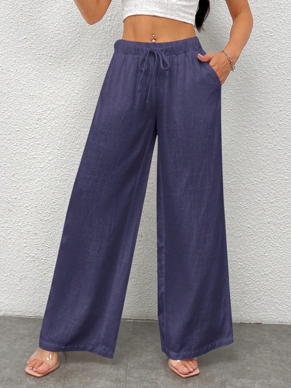 Women Plain Color Front Tie Pocket Design Wide Leg Pants, Casual Daily Wear