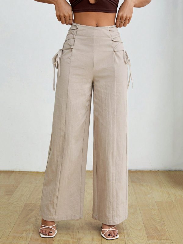 Women's Fashionable High-Waisted Khaki Wide Leg Pants With Belt