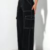 Black Elastic Waist Cargo Denim Straight Leg Pants