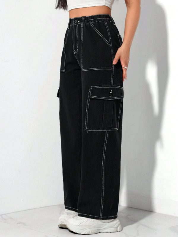 Black Elastic Waist Cargo Denim Straight Leg Pants