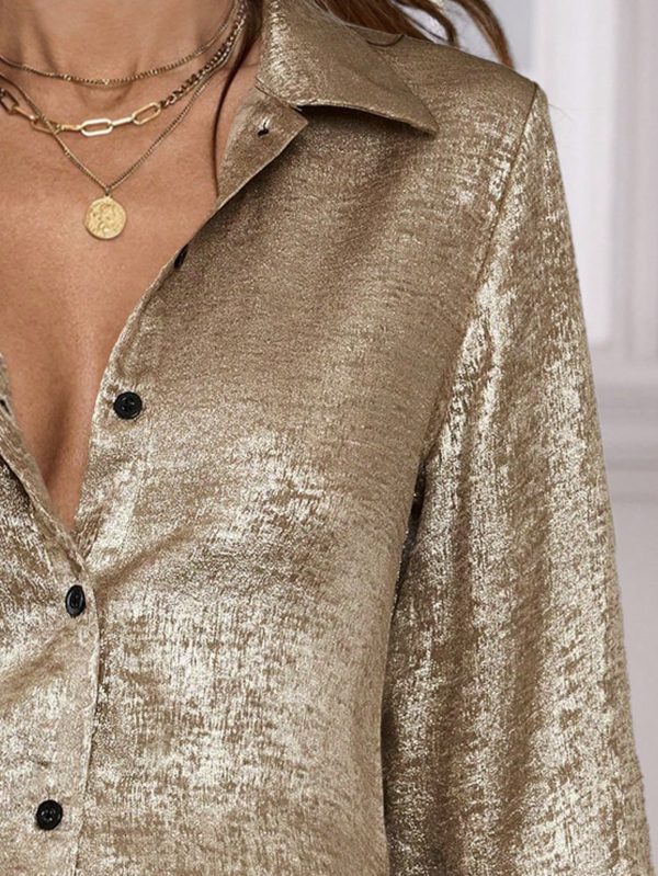 1pc Women  Size Elegant Satin Gloss Loose Long Sleeve Shirt