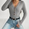 Solid Color Front Button Long Sleeve Casual Bodysuit