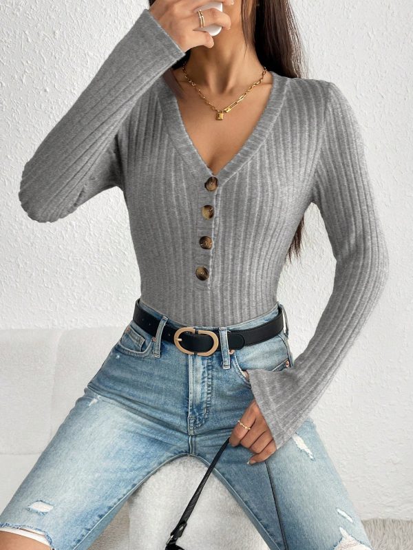 Solid Color Front Button Long Sleeve Casual Bodysuit