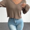 Fashionable Wavy Edge V-Neck Long-Sleeved T-Shirt Suitable For Autumn And Winter
