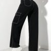 Black Elastic Waist Cargo Denim Straight Leg Pants