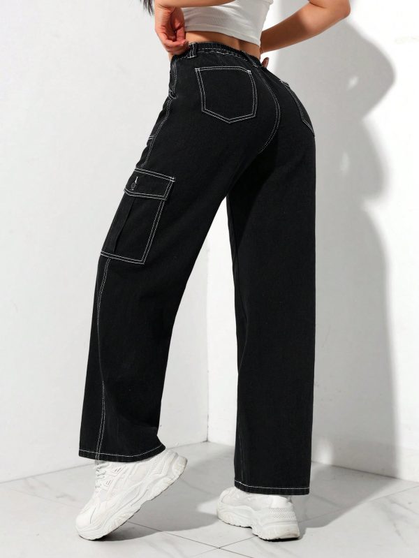 Black Elastic Waist Cargo Denim Straight Leg Pants