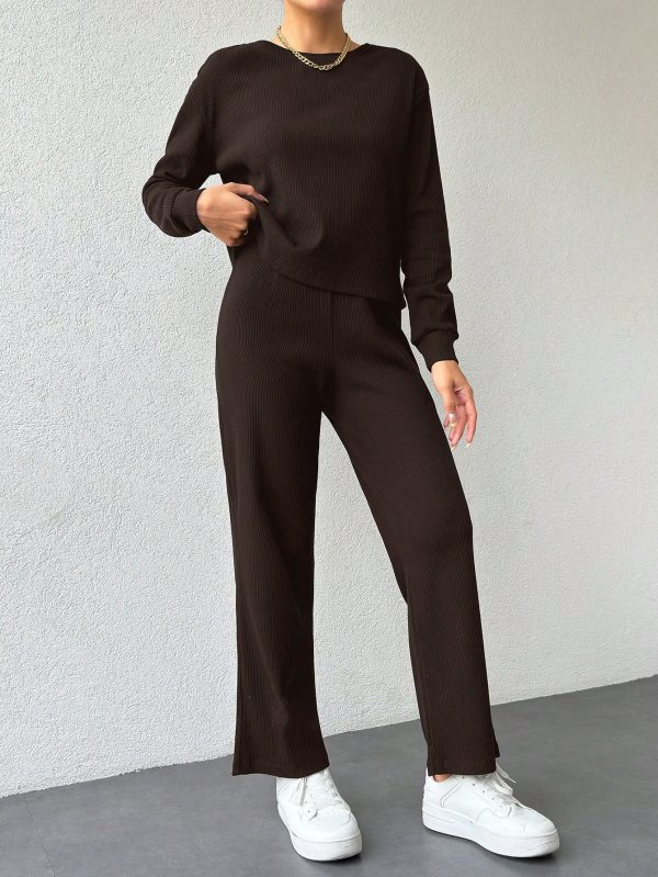 Cotton Women Solid Color Ribbed Tee & Pants