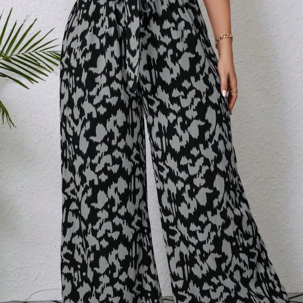 Plus Size Women Casual All-Over Print Elastic Waist Belt Loop Wide Leg Long Pants