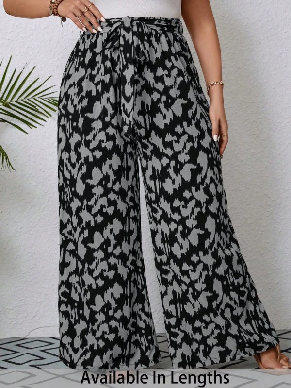 Plus Size Women Casual All-Over Print Elastic Waist Belt Loop Wide Leg Long Pants
