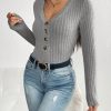 Solid Color Front Button Long Sleeve Casual Bodysuit