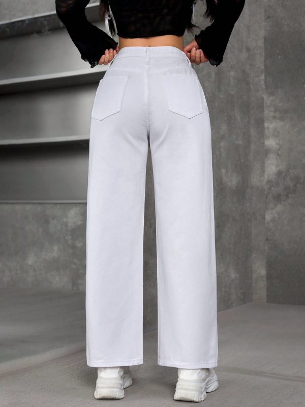 Women's Solid Color Front Button Pocket Simple Casual Denim Pants