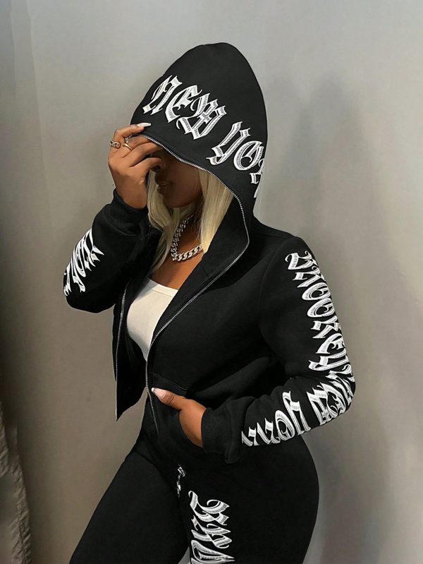 Casual Letter Print Zip-Up Hooded Sweatshirt, Autumn/Winter