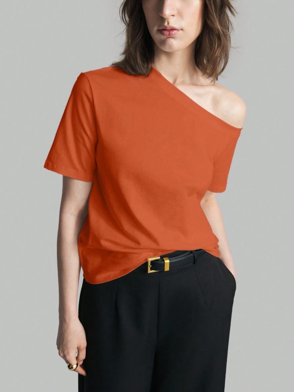 Women's Summer Solid Color Asymmetric Collar Short Sleeve Casual T-Shirt