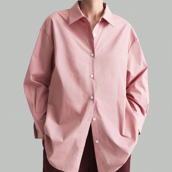Pink Loose Elegant & Comfortable Work Blouse, Long Sleeve Women Cotton Tops