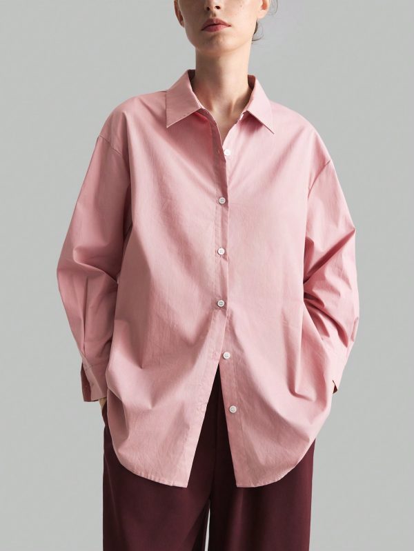 Pink Loose Elegant & Comfortable Work Blouse, Long Sleeve Women Cotton Tops