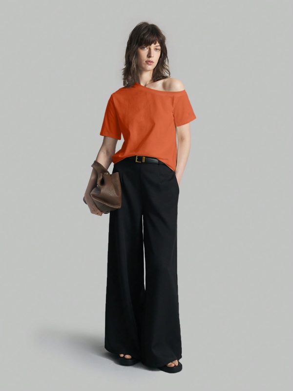 Women's Summer Solid Color Asymmetric Collar Short Sleeve Casual T-Shirt