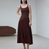 Coffee Color U-Neck Asymmetric Hem Satin Elegant Retro Midi Dress