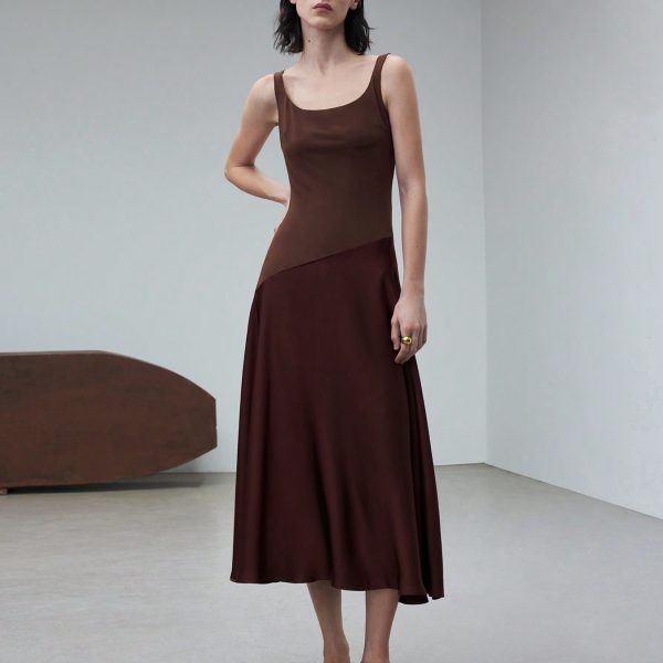 Coffee Color U-Neck Asymmetric Hem Satin Elegant Retro Midi Dress