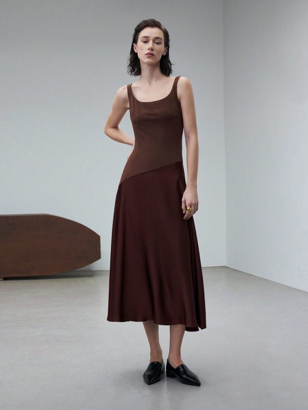 Coffee Color U-Neck Asymmetric Hem Satin Elegant Retro Midi Dress