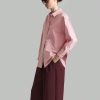 Pink Loose Elegant & Comfortable Work Blouse, Long Sleeve Women Cotton Tops