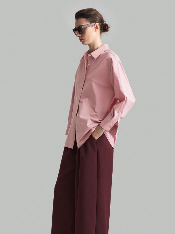 Pink Loose Elegant & Comfortable Work Blouse, Long Sleeve Women Cotton Tops