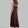 Coffee Color U-Neck Asymmetric Hem Satin Elegant Retro Midi Dress