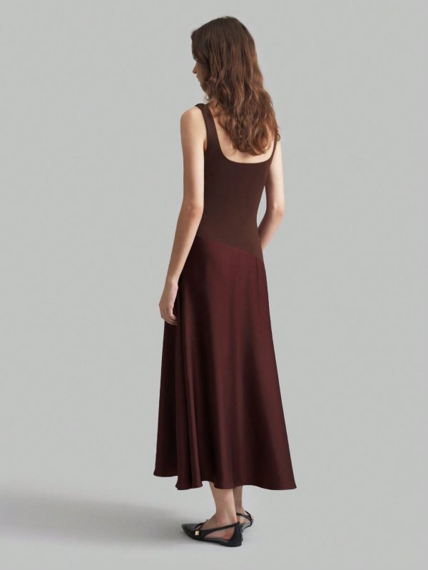Coffee Color U-Neck Asymmetric Hem Satin Elegant Retro Midi Dress