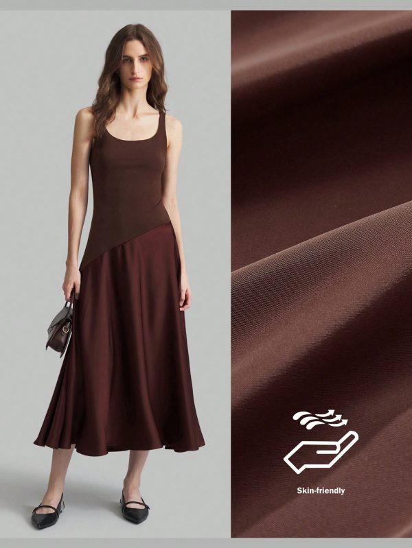 Coffee Color U-Neck Asymmetric Hem Satin Elegant Retro Midi Dress