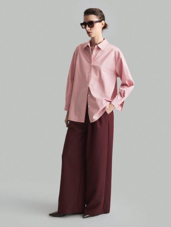 Pink Loose Elegant & Comfortable Work Blouse, Long Sleeve Women Cotton Tops