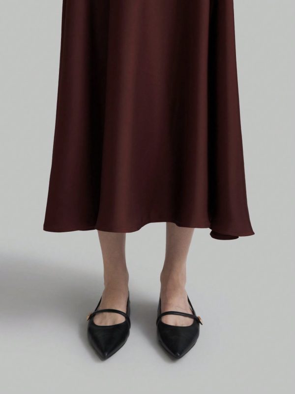 Coffee Color U-Neck Asymmetric Hem Satin Elegant Retro Midi Dress