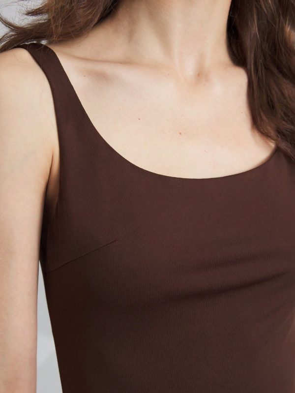 Coffee Color U-Neck Asymmetric Hem Satin Elegant Retro Midi Dress