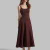 Coffee Color U-Neck Asymmetric Hem Satin Elegant Retro Midi Dress