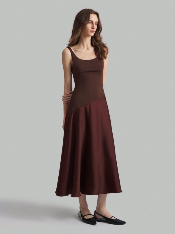 Coffee Color U-Neck Asymmetric Hem Satin Elegant Retro Midi Dress