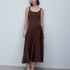 Coffee Color U-Neck Asymmetric Hem Satin Elegant Retro Midi Dress