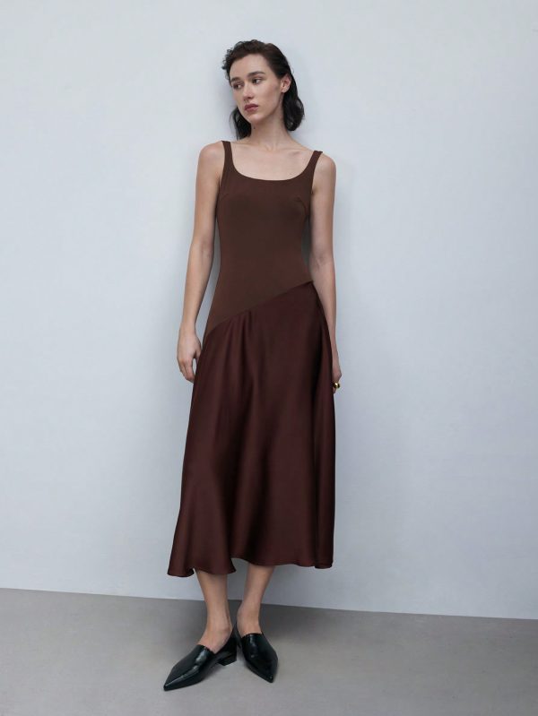 Coffee Color U-Neck Asymmetric Hem Satin Elegant Retro Midi Dress