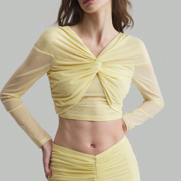 Women Cream Yellow Maxi Skirt With Crinkle Design Top With Twist Detail