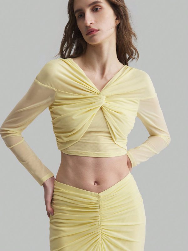 Women Cream Yellow Maxi Skirt With Crinkle Design Top With Twist Detail