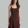 Coffee Color U-Neck Asymmetric Hem Satin Elegant Retro Midi Dress