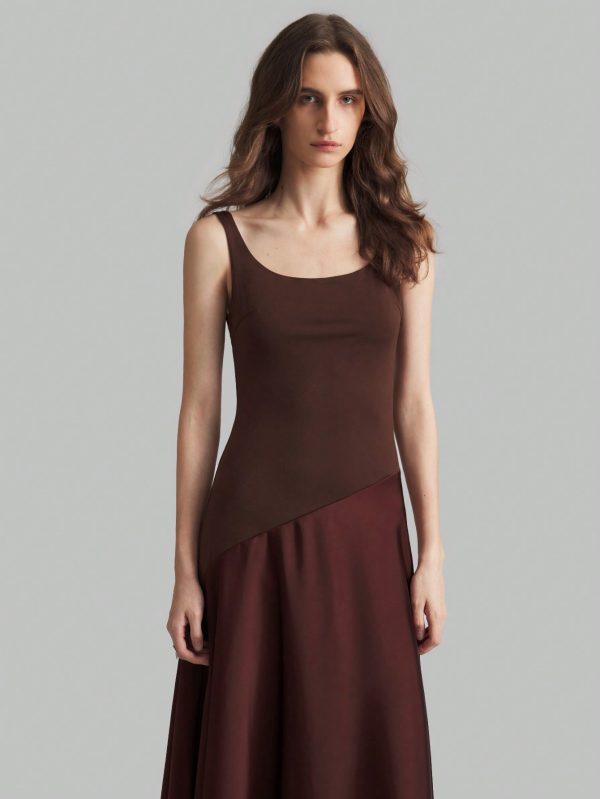 Coffee Color U-Neck Asymmetric Hem Satin Elegant Retro Midi Dress