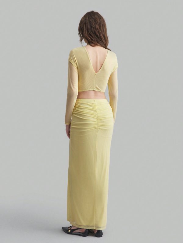 Women Cream Yellow Maxi Skirt With Crinkle Design Top With Twist Detail