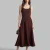 Coffee Color U-Neck Asymmetric Hem Satin Elegant Retro Midi Dress