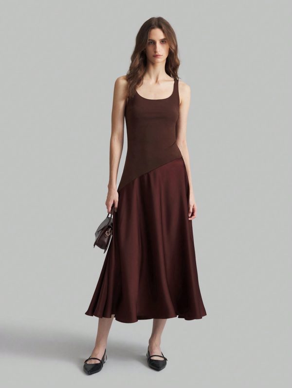 Coffee Color U-Neck Asymmetric Hem Satin Elegant Retro Midi Dress