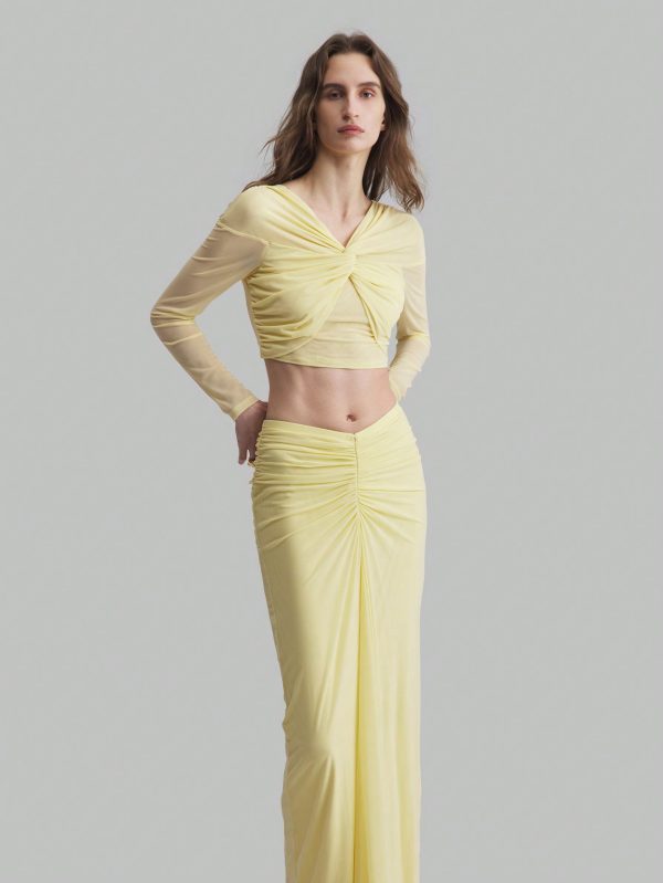 Women Cream Yellow Maxi Skirt With Crinkle Design Top With Twist Detail