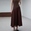 Coffee Color U-Neck Asymmetric Hem Satin Elegant Retro Midi Dress